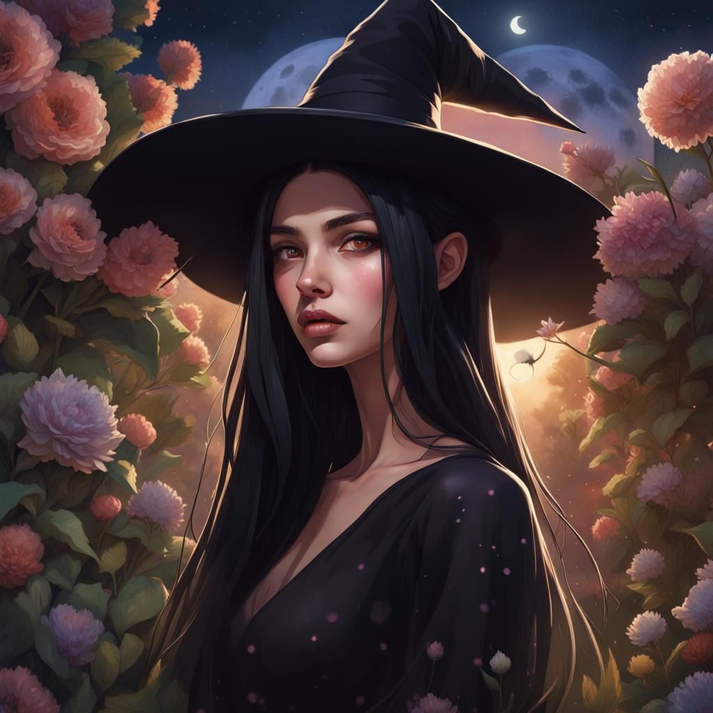 Girl in Witch Costume in Moonlit Garden