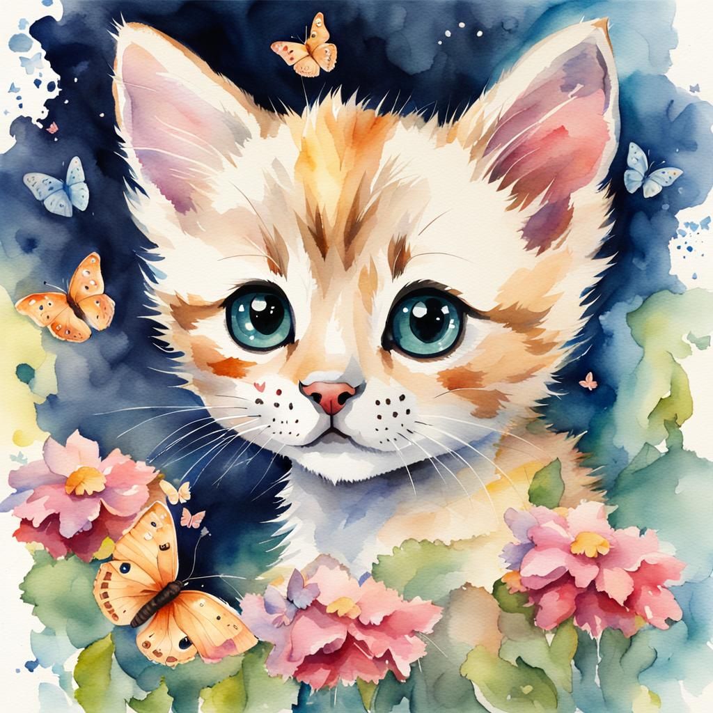 Watercolor Kitten with Butterflies, Playful and Adorable
