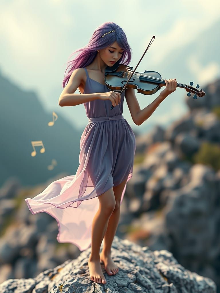 Violet-Haired Violinist Plays on Mountain Outcrop