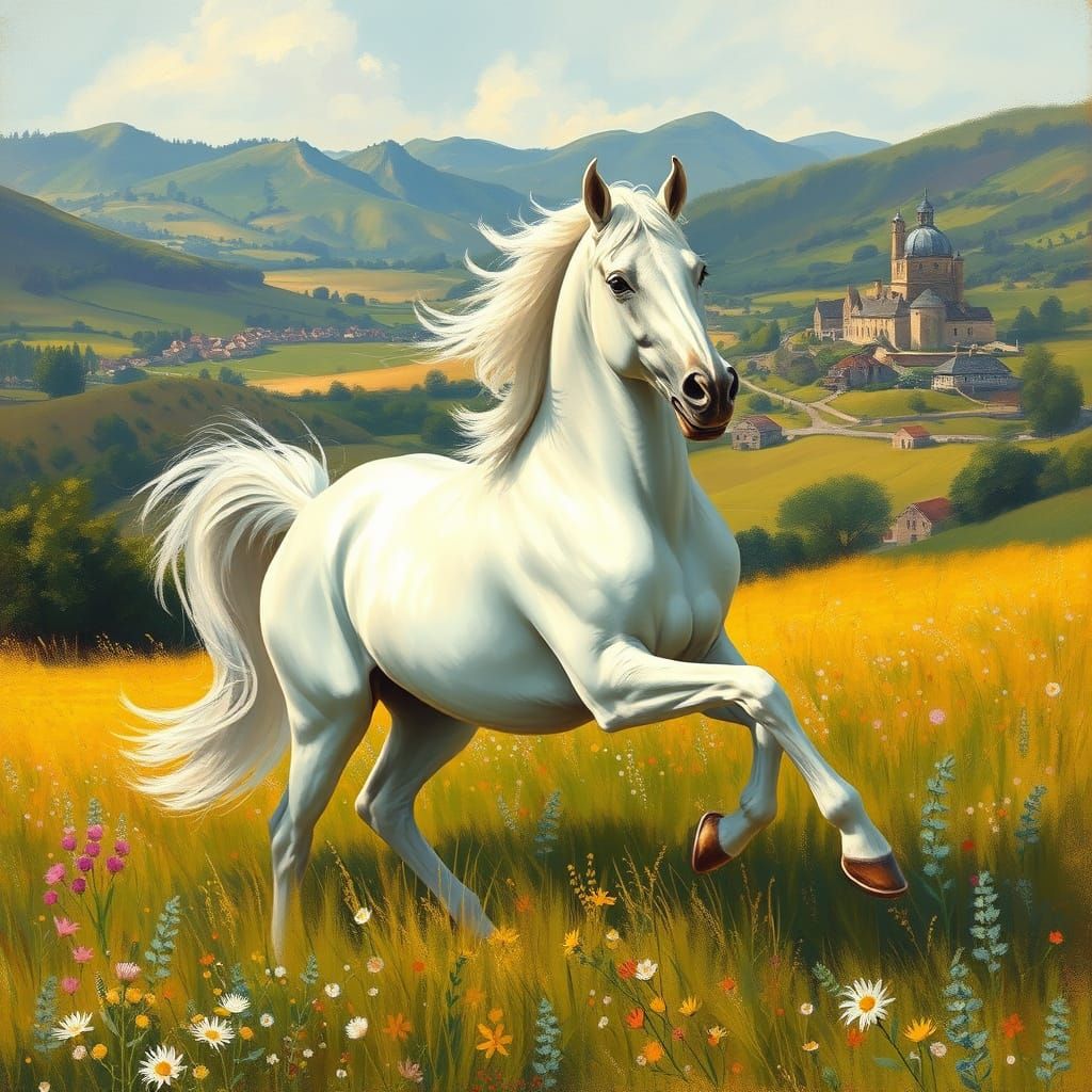 Majestic Stallion in Impressionist Style French Countryside