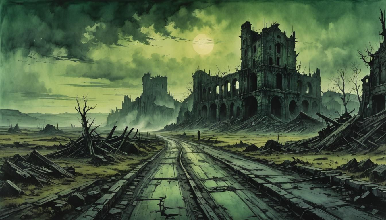Ominous Post-Apocalyptic Landscape in Dark Watercolor Style