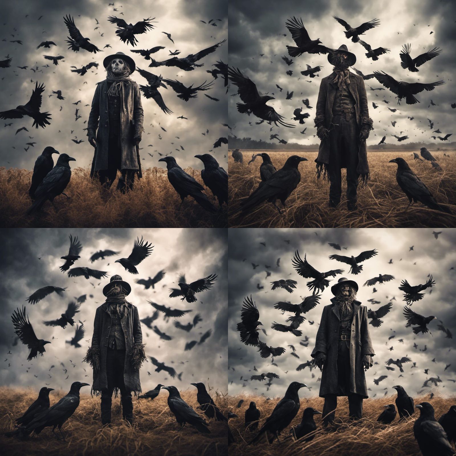 Scarecrow Surrounded by Ravens in Cinematic Digital Art
