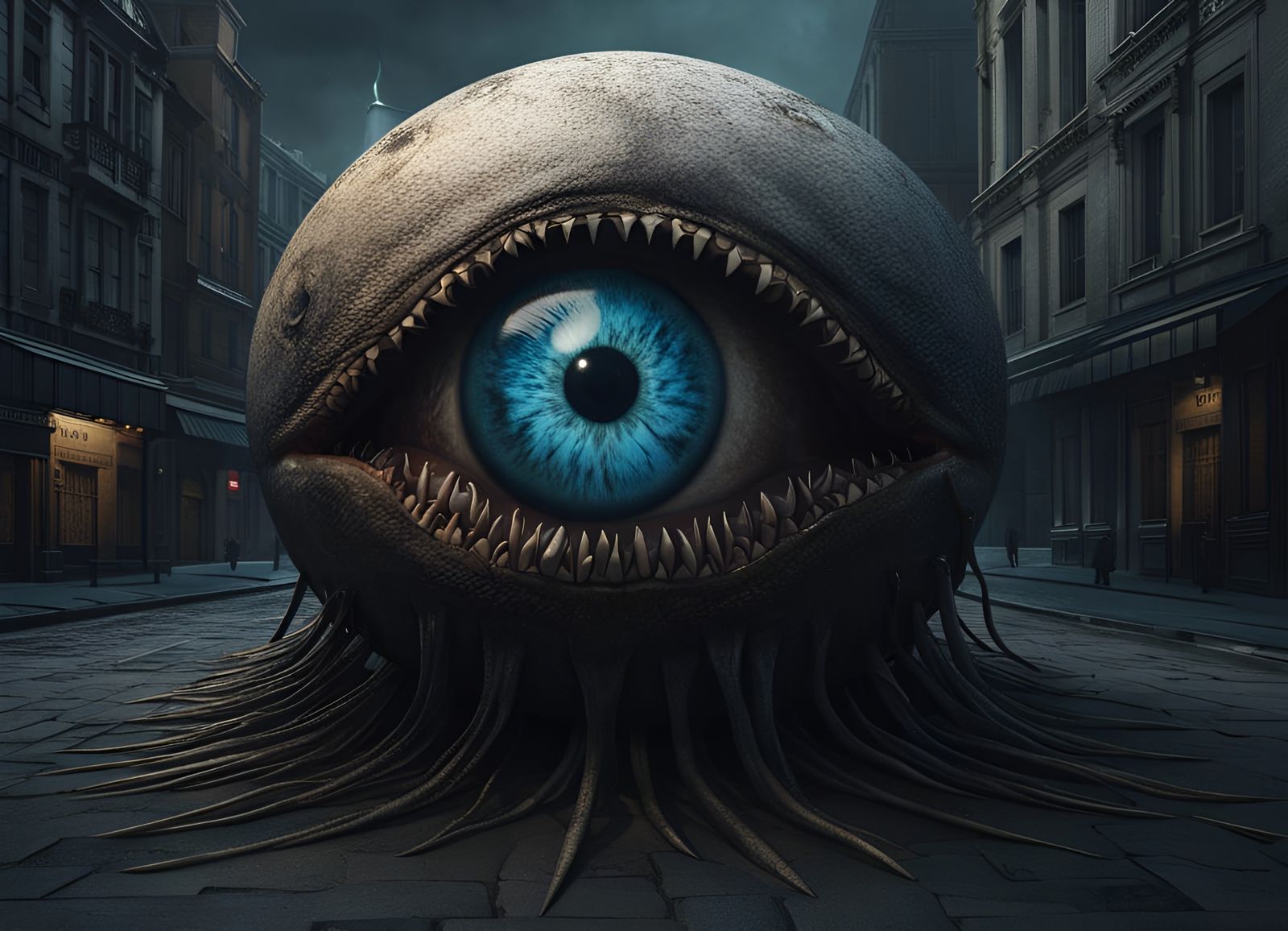 Eyeball Creature Strolling Dark City Street