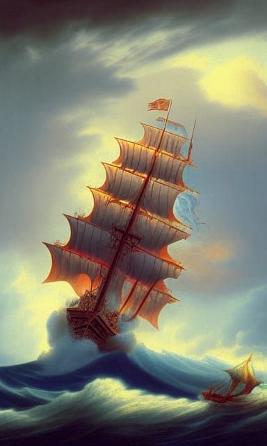 Pirate Ship Amidst Storm with Psychedelic Hues