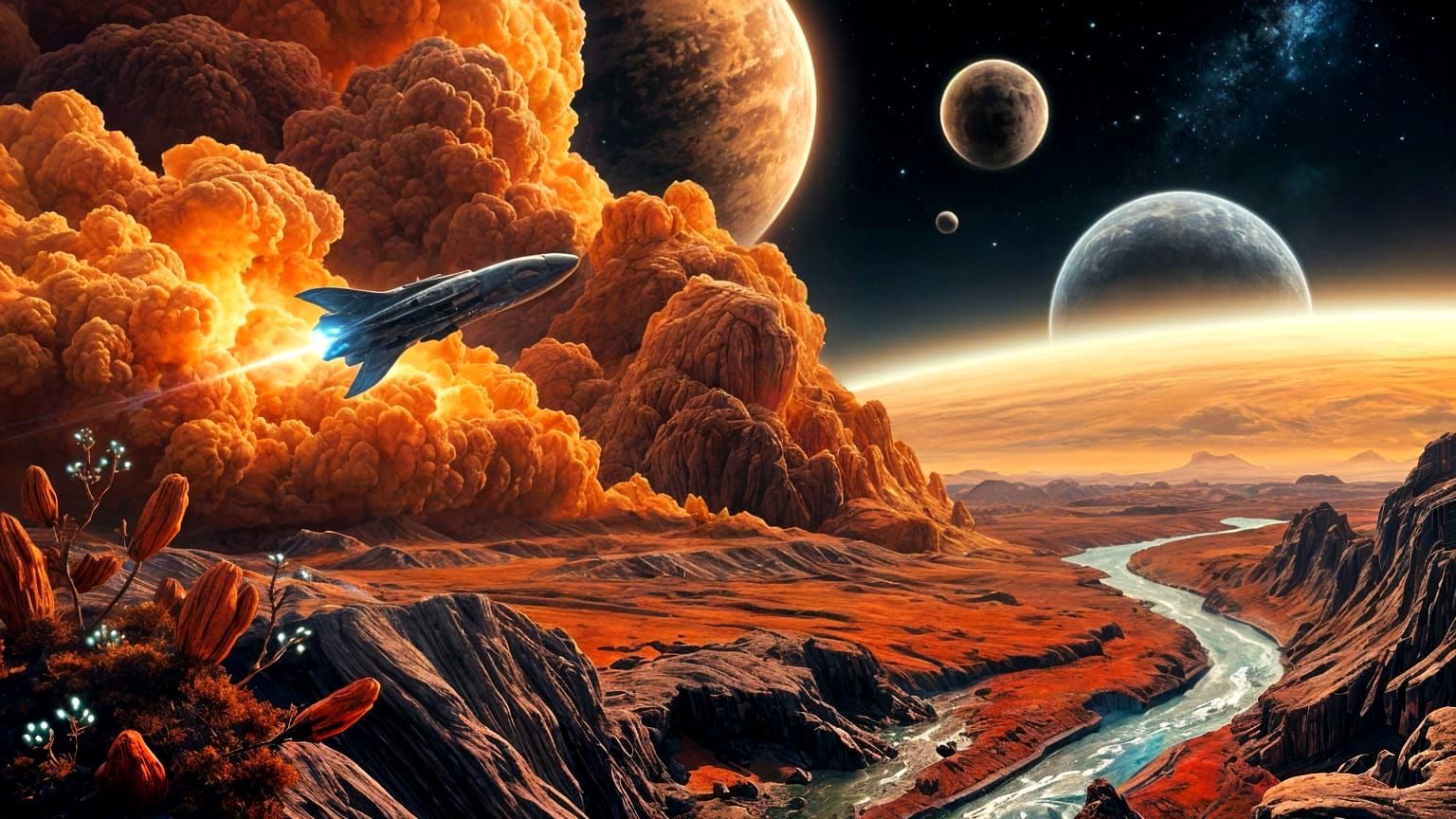 Epic Alien Landscape in a Cosmic Art Style