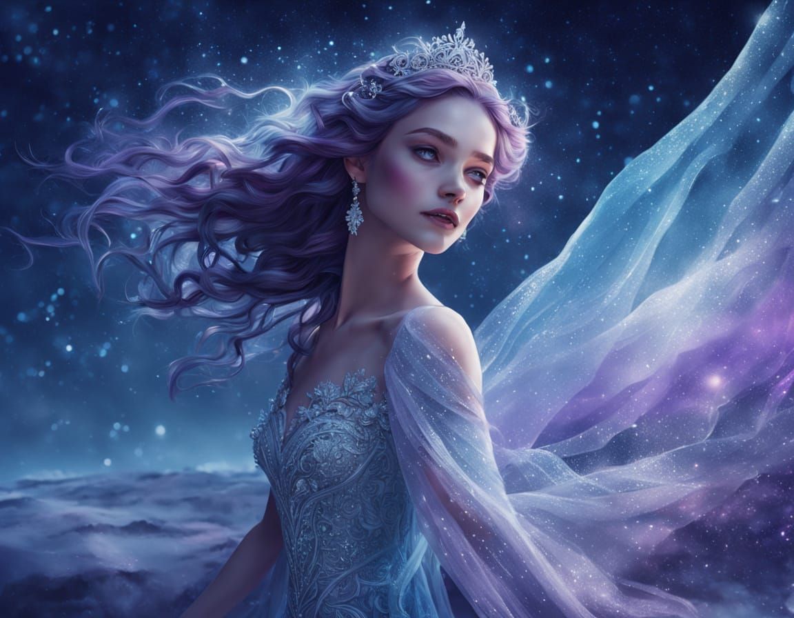 Ethereal Ice Princess Under Winter's Celestial Glow