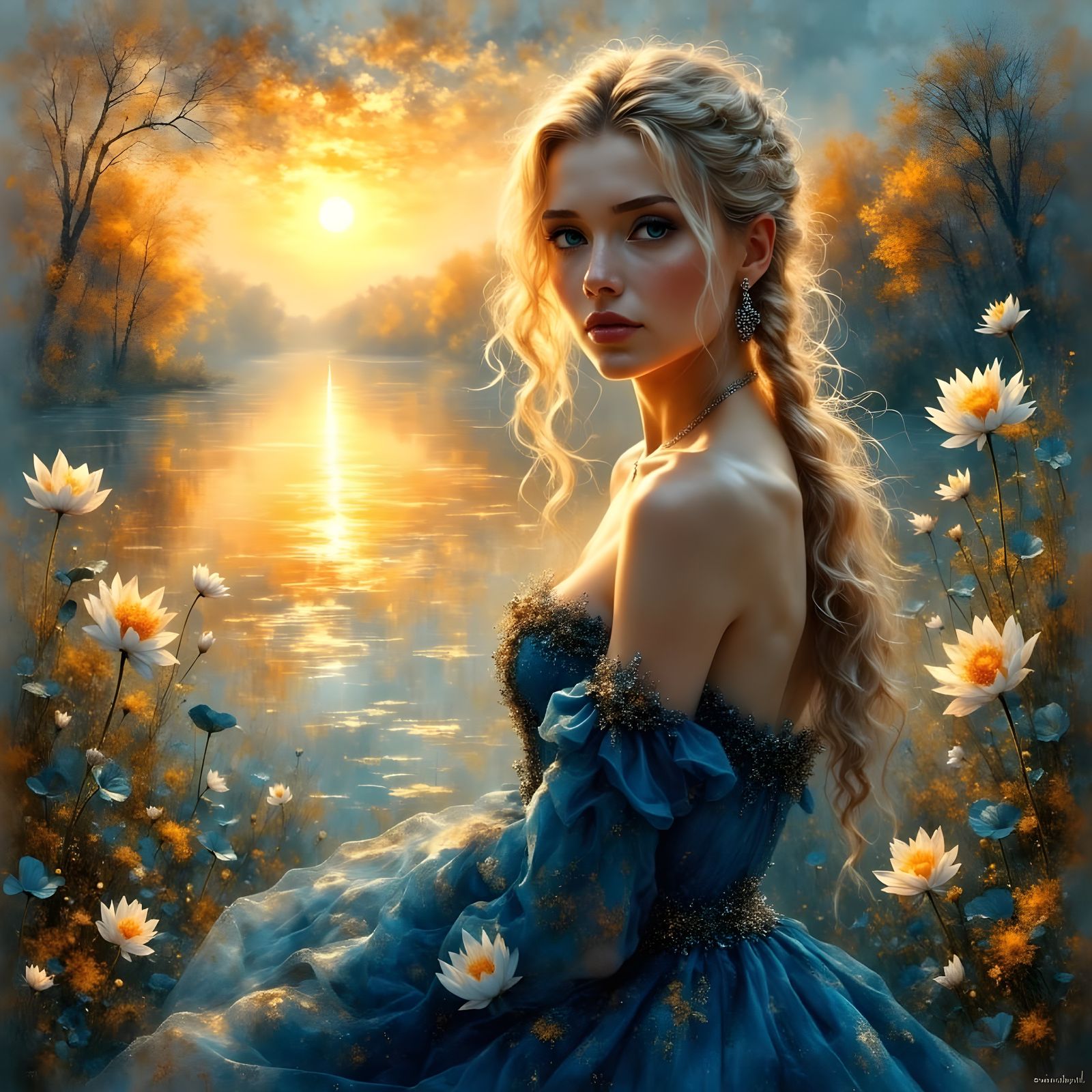 Ethereal Goddess Amidst Lotus Blooms in Sunset Hues