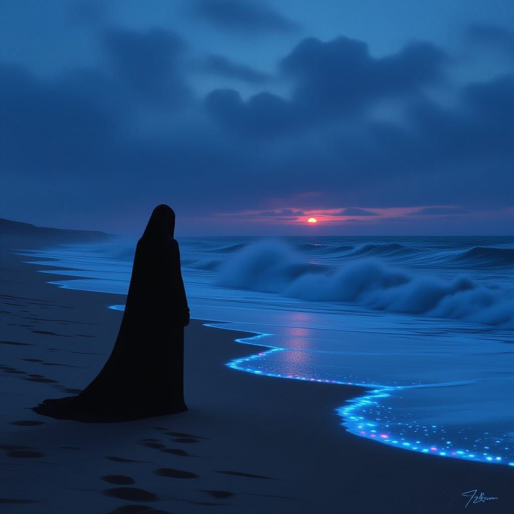 Spectral Figure on Desolate Beach Under Twilight Sky