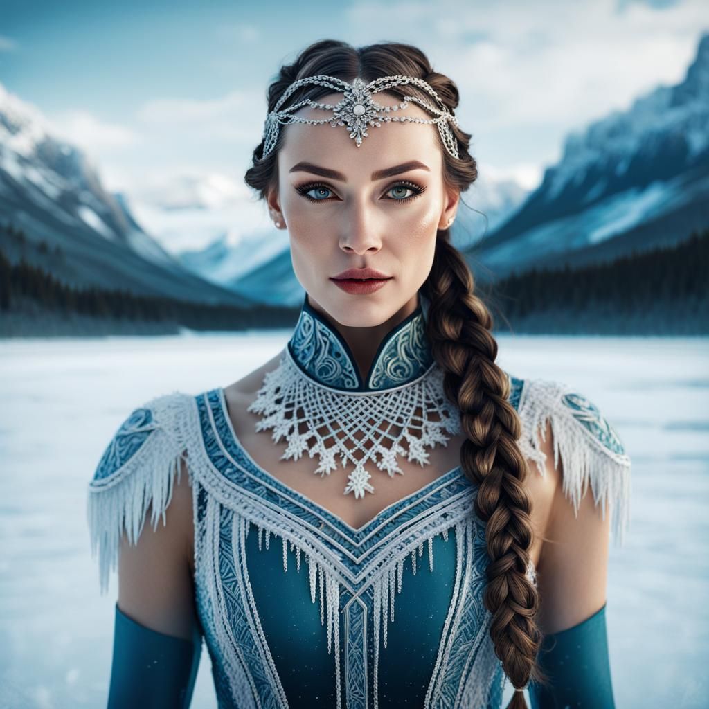 Nordic Ice Skater on Frozen Lake, Detailed Matte Painting