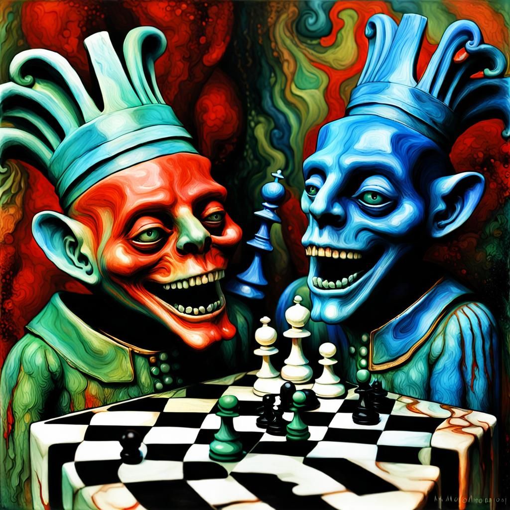 two blue jesters laughing, H.R. Giger, chess game psychedelic, pale complementary colors red and green, porcelain textur...