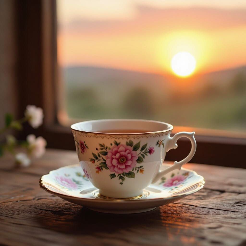Tea Cup at Sunset: Floral Patterns on Rustic Table