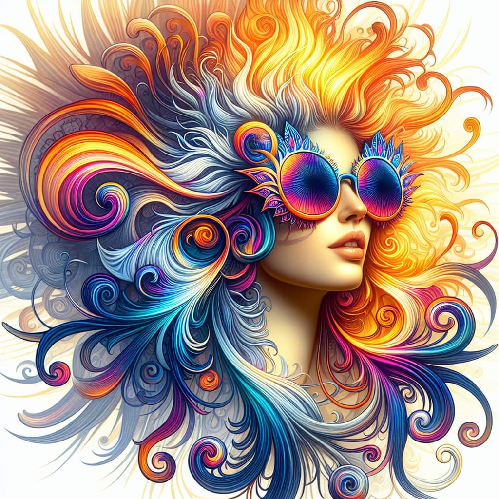 Radiant Sun Goddess in Cyberpunk Shades and Swirling Pattern...