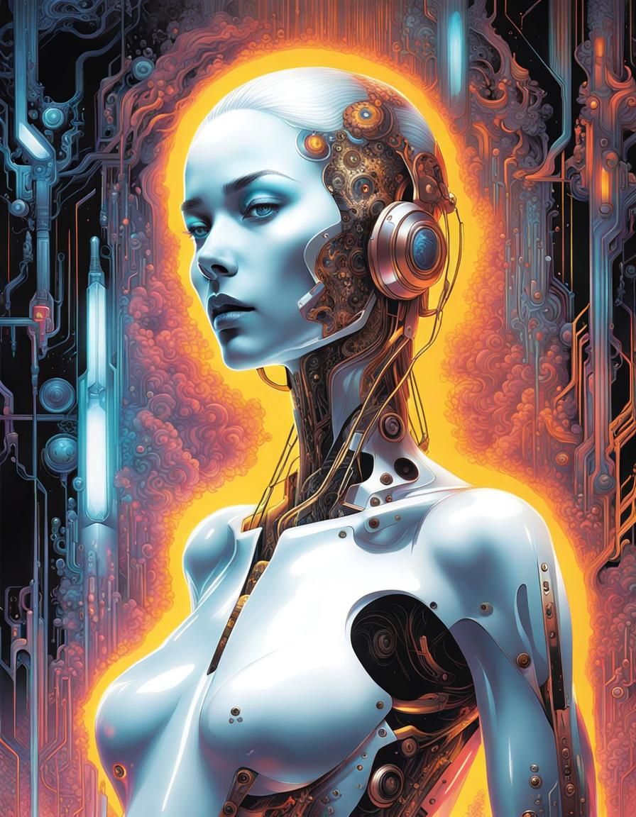 Godlike Nanomachine Entity in Neon Psychedelic Realm