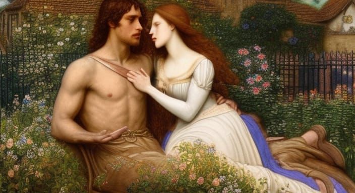 Lancelot and Guinevere in a stolen tender moment, surrounded by a blossoming medieval garden, their expressions a mix of...