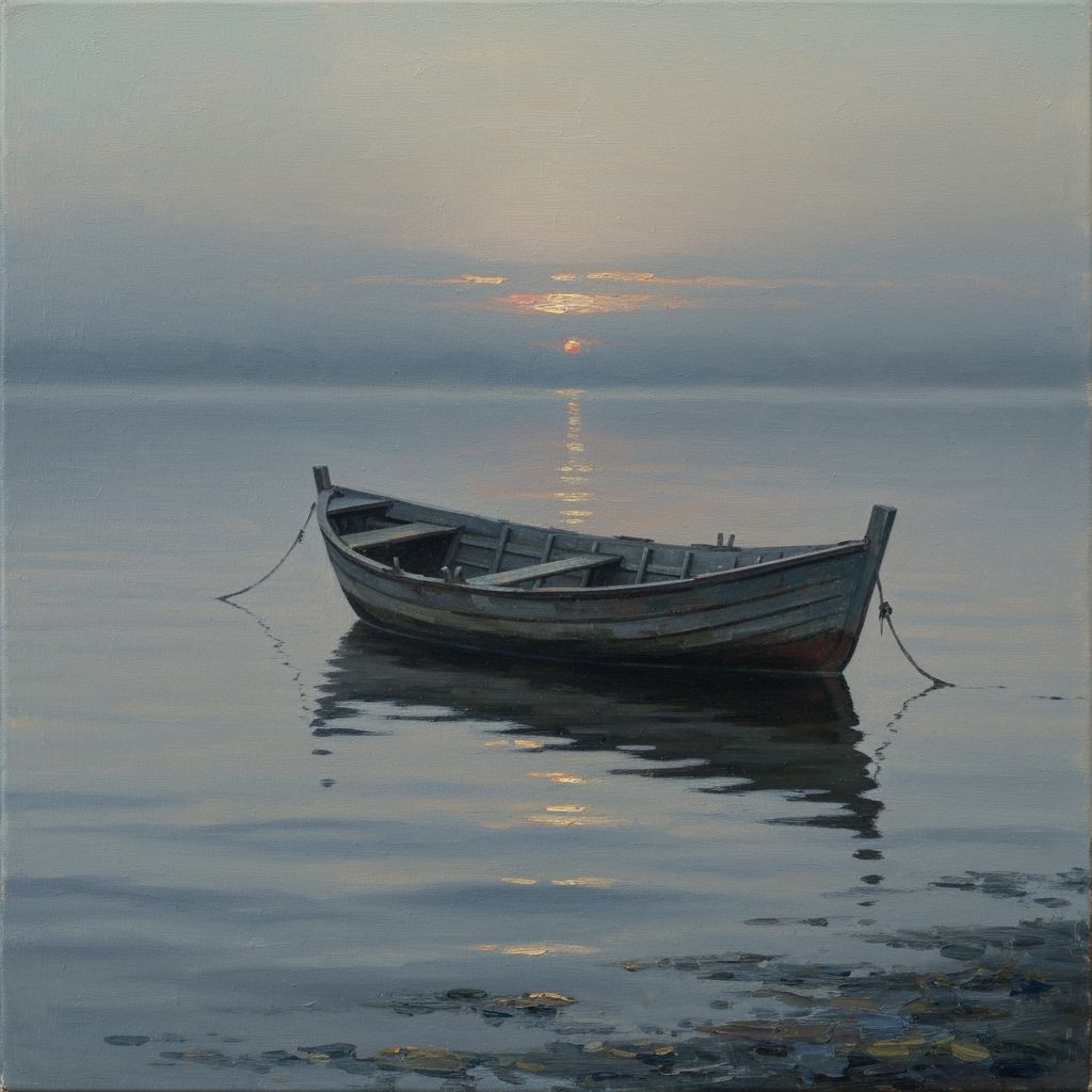 Impressionistic Boat at Dawn in Misty Waters