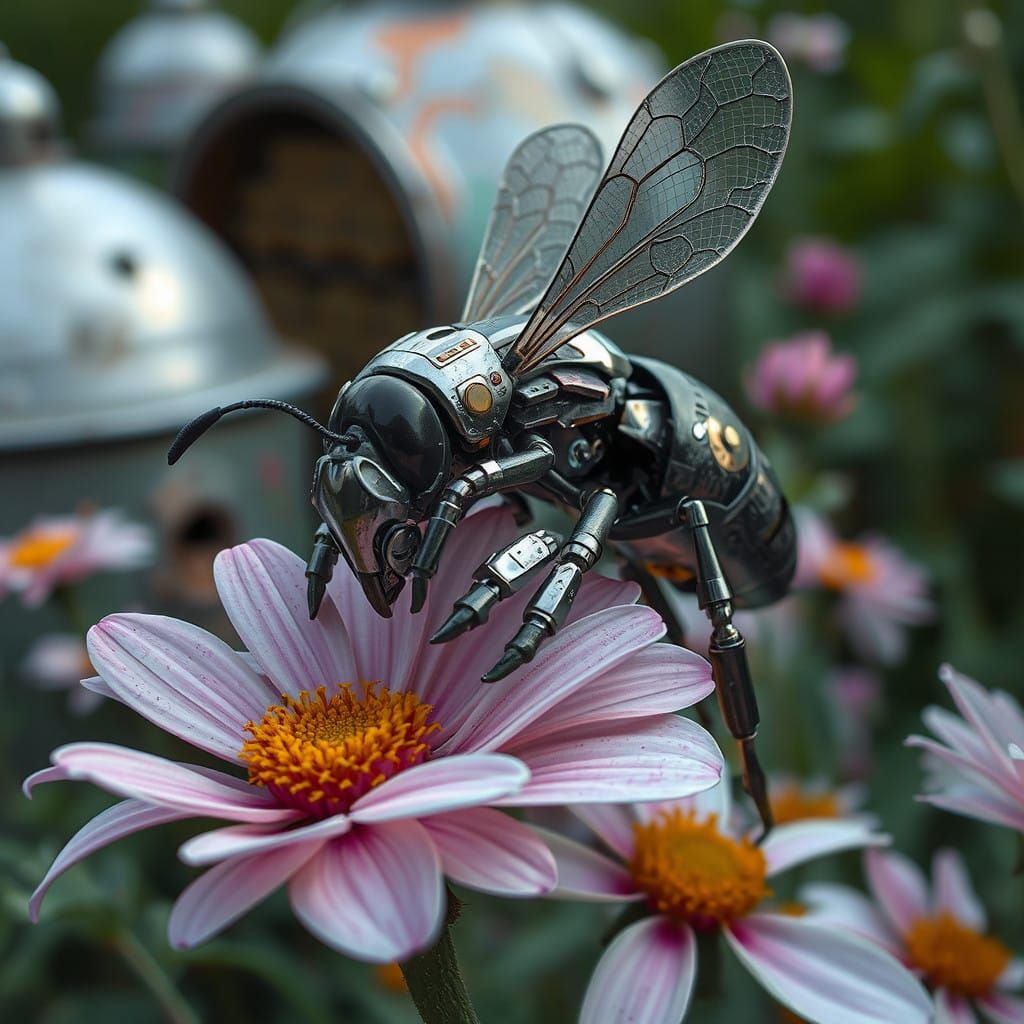 Cyberpunk Bee Robot Dreams Amidst Mechanical Bees