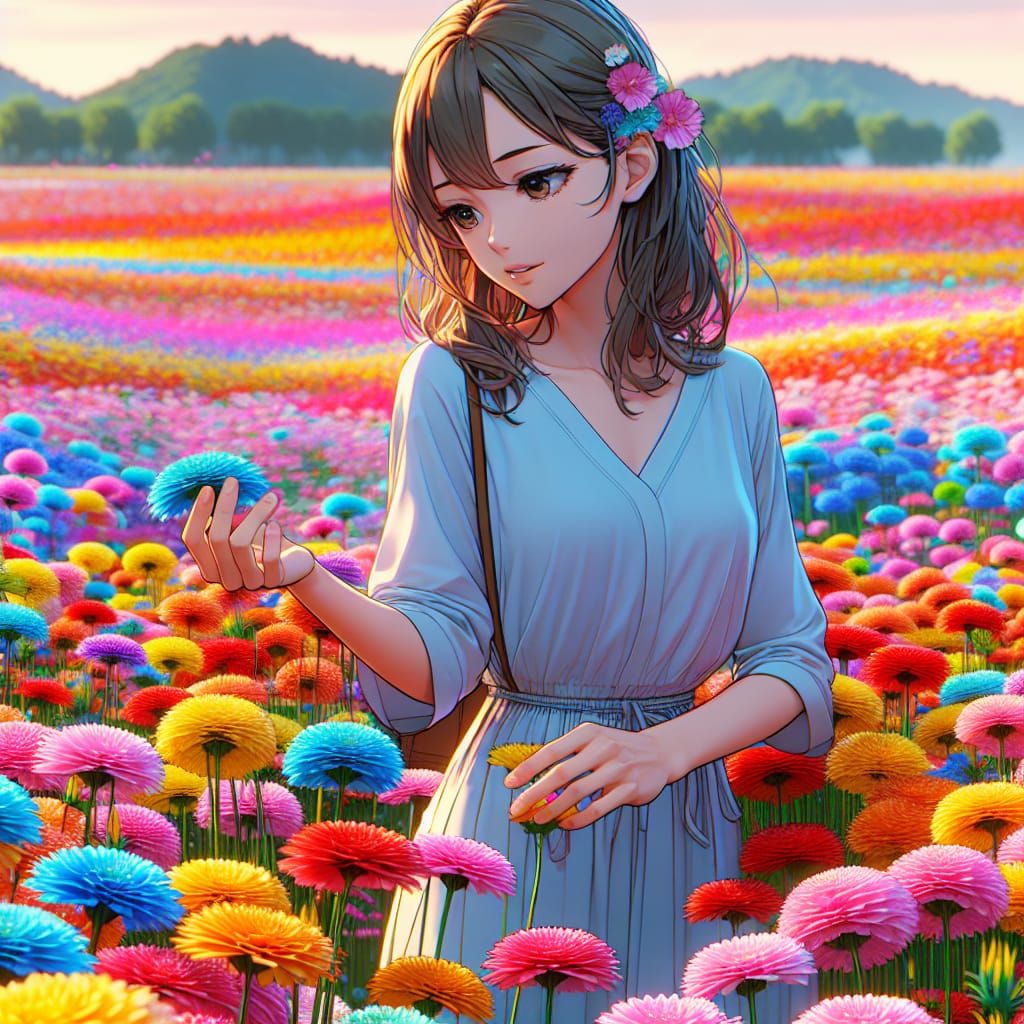 Anime Girl in 3D Flower Meadow, Detailed 8K