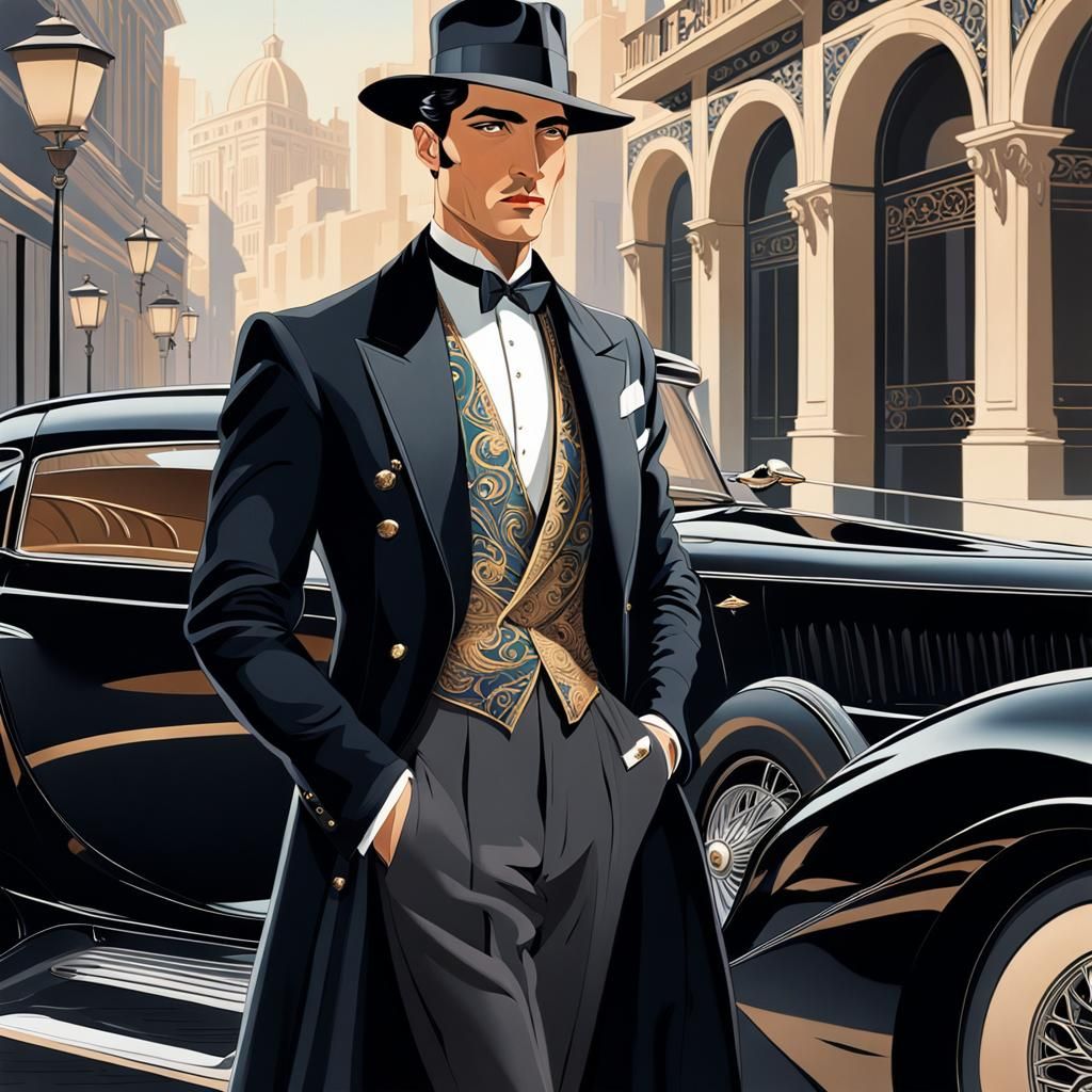 art deco illustration portrays a handsome young man, exuding elegance and charm.