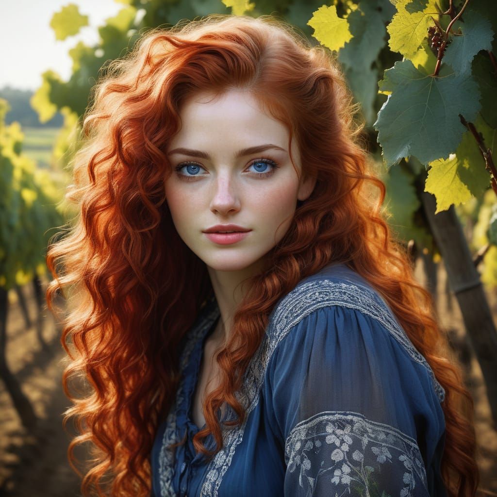 Beautiful Young Woman in a Vineyard Landscape