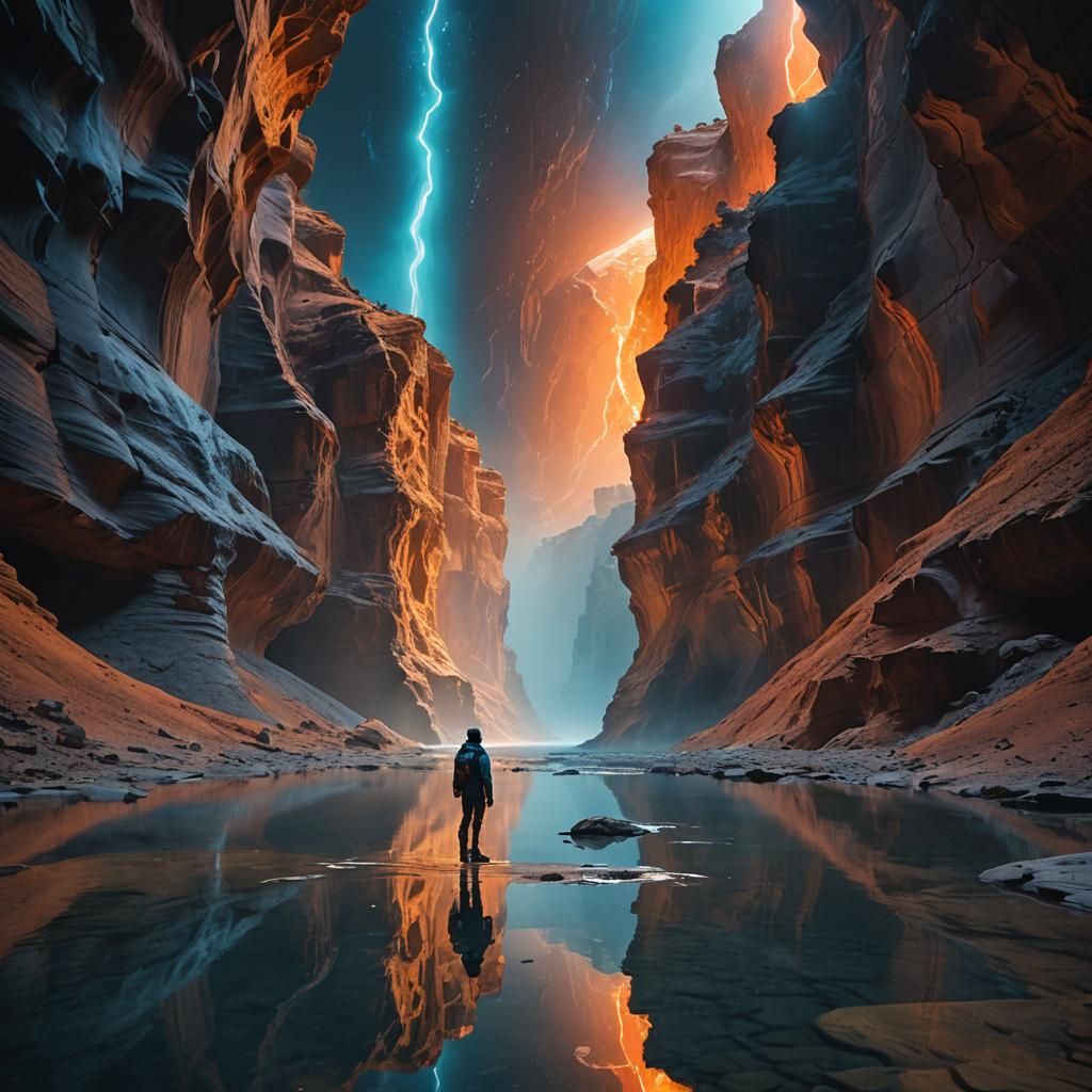 Sci-Fi Canyon Reflection with Celestial Body