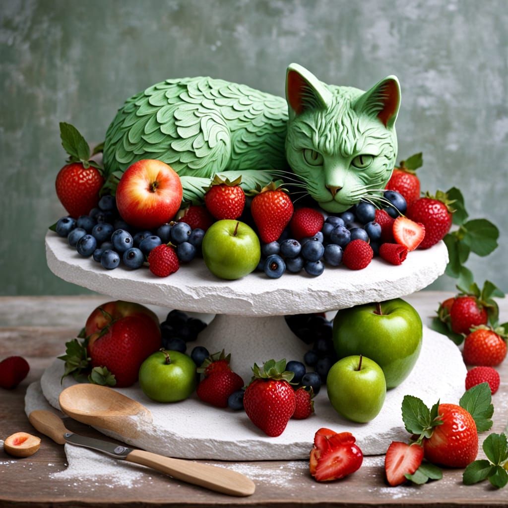Masterfully Carved Cat Sculpture in Watermelon on Emerald Gr...