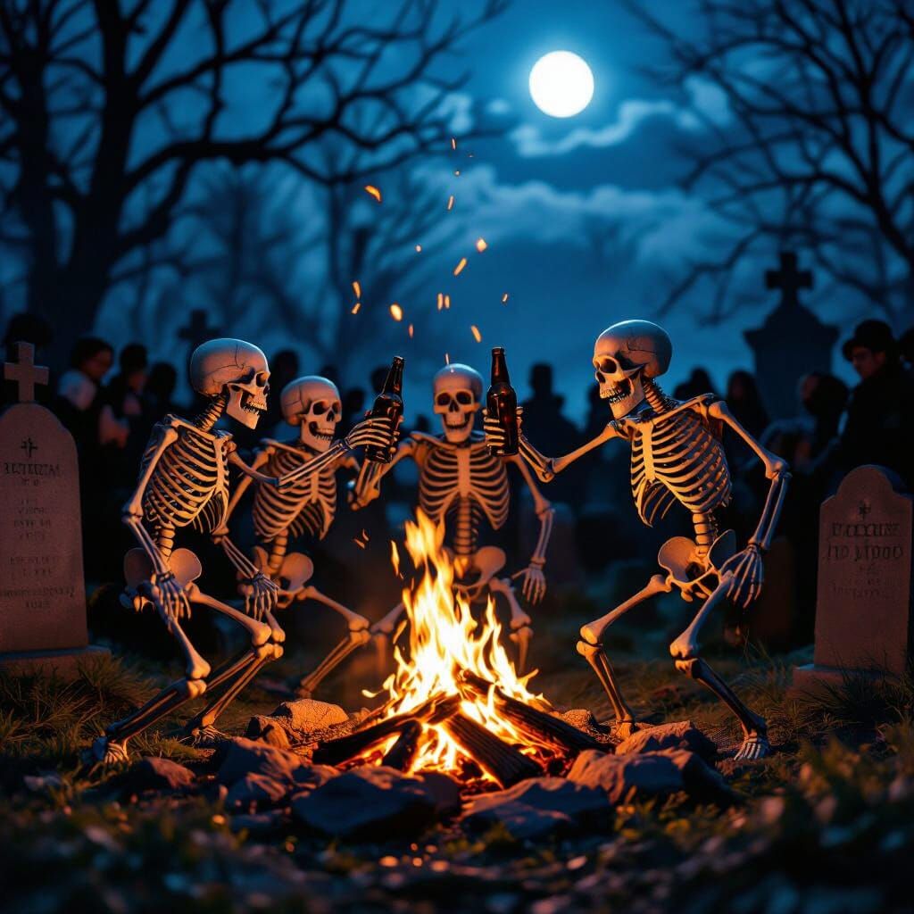 Skeletons Toasting by Campfire in Moonlit Graveyard