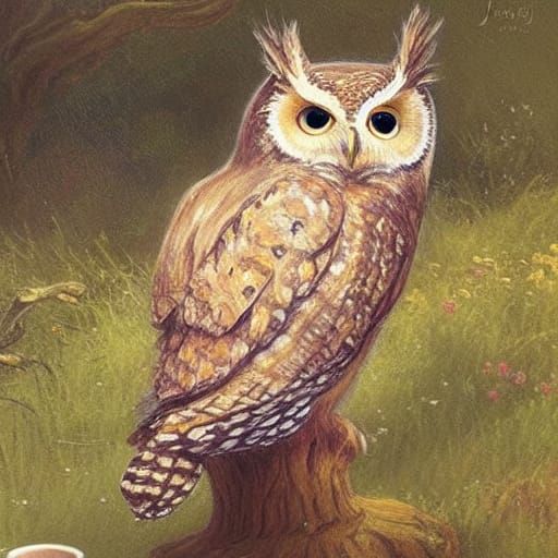 Whimsical Owl at Tea Party as Oil Painting