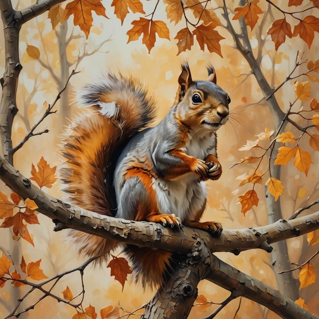 Squirrel in Surreal Autumn Light: Oil Painting