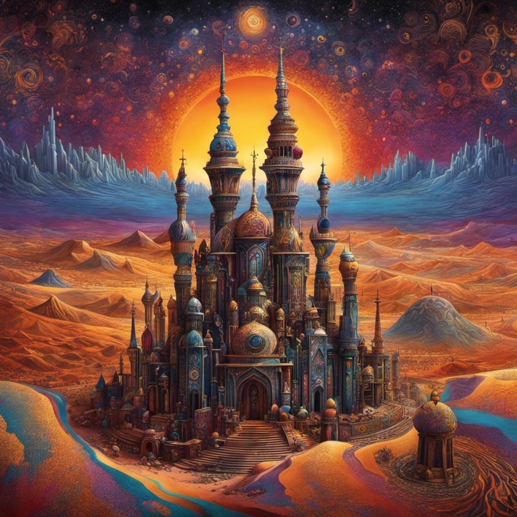 Gothic Desert City with Colorful Sunset, Graffiti Art