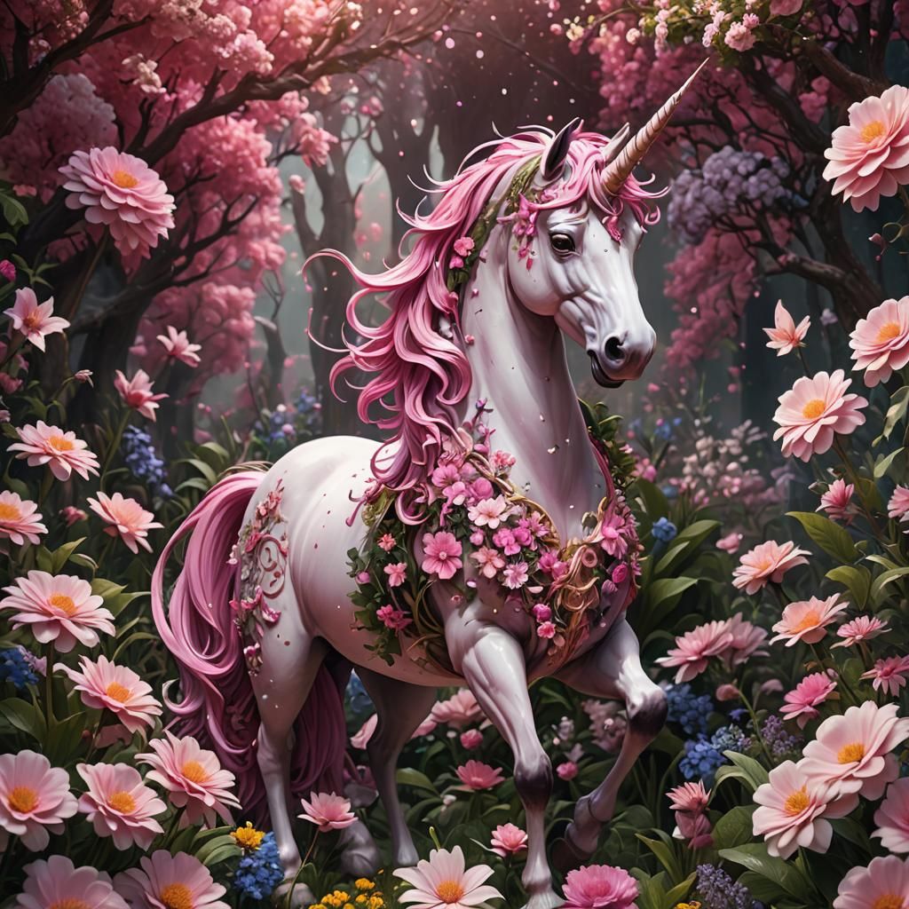 Pink unicorn surrounded by flowers
