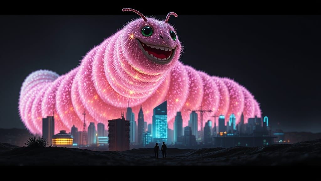Giant Chibi Caterpillar Over Neon Cityscape