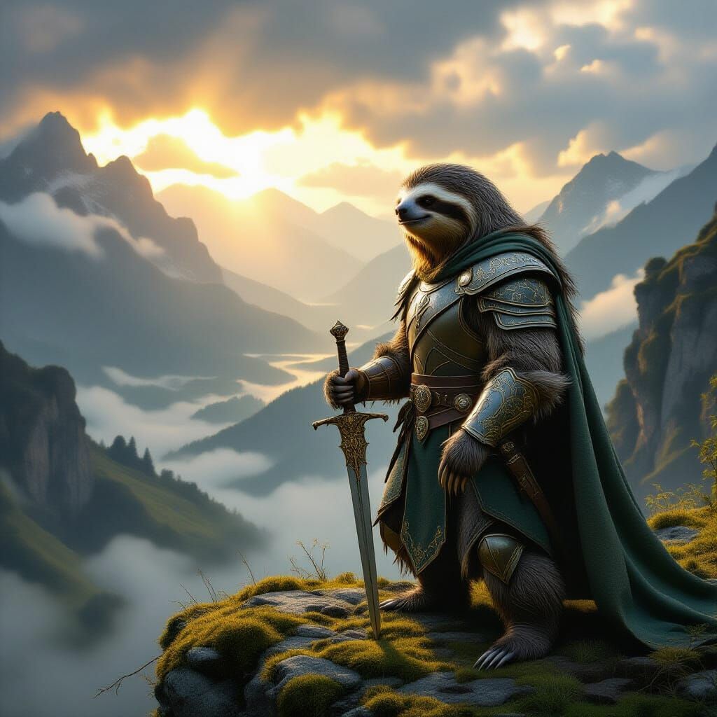 Heroic Sloth on Cliff in Epic Fantasy Landscape