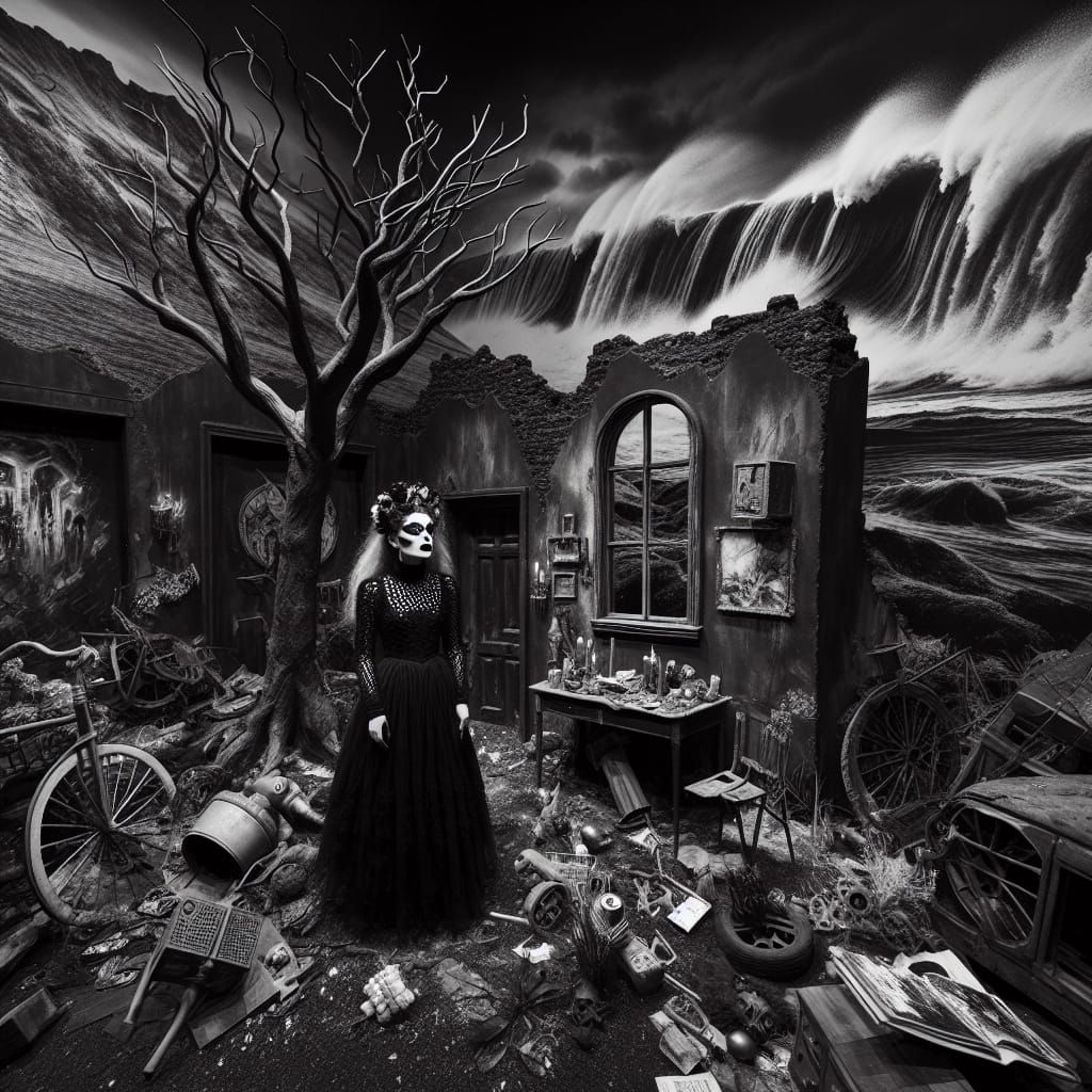 Gothic Model in Desolate Landscape: Black and White Photogra...