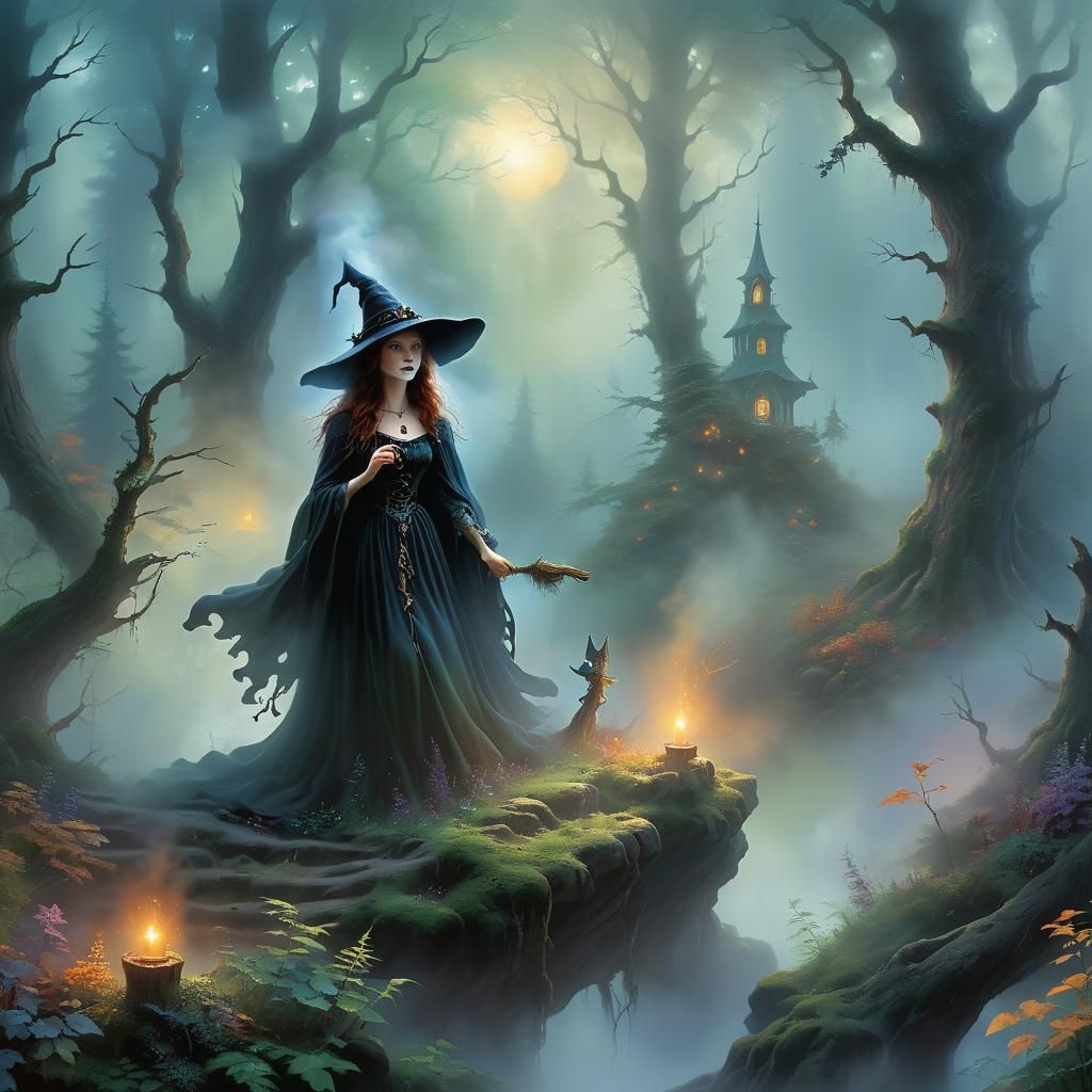Ethereal Forest Witch in Mist: Fantasy Art