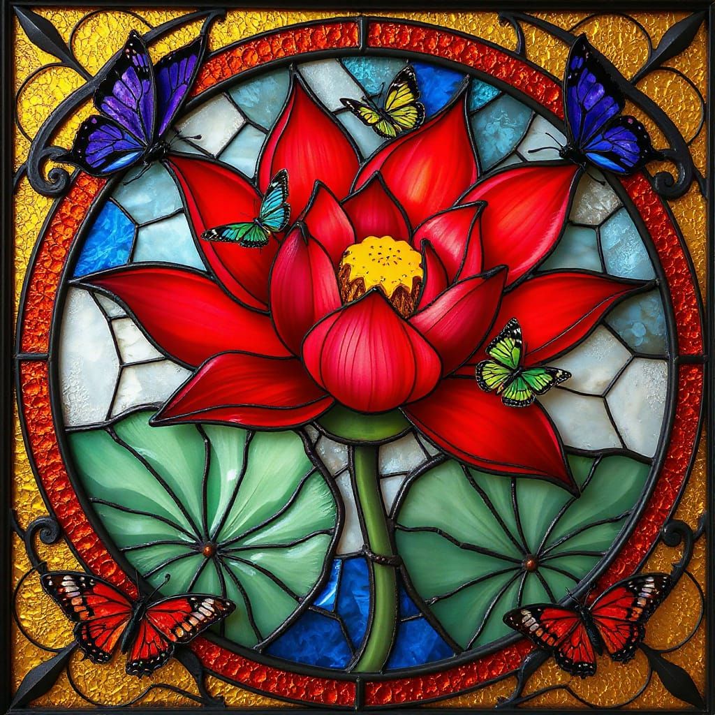 Stained Glass Lotus Blossom and Butterflies