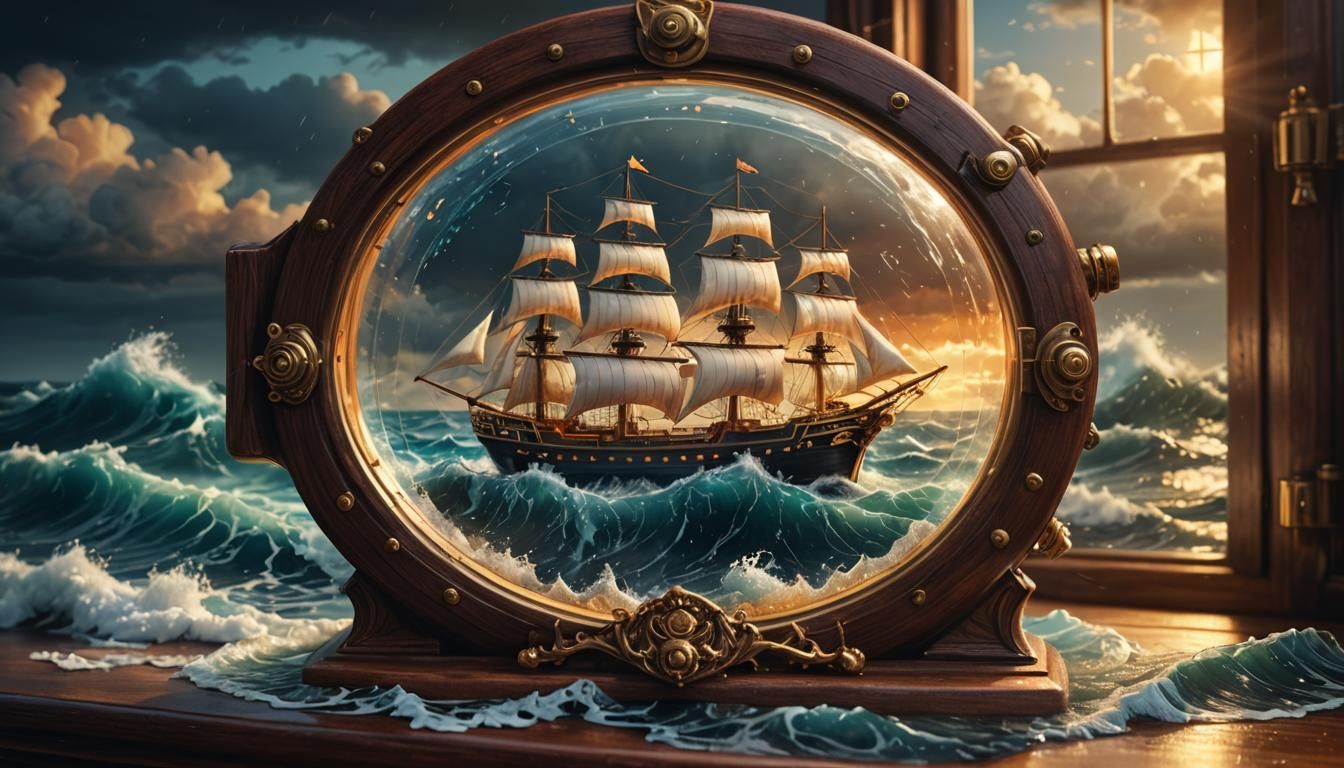 Ship in a Bottle with Stormy Seascape