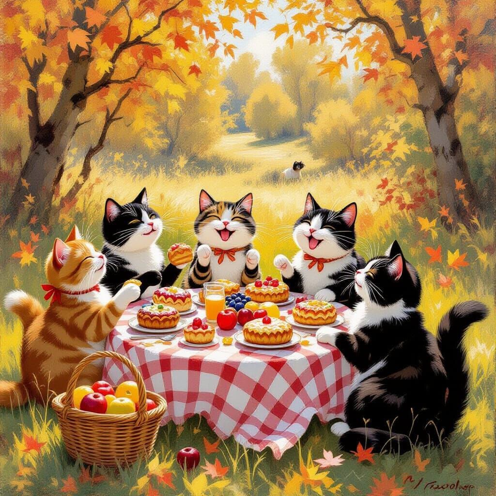 Whimsical Cats Enjoying Autumn Picnic in Monet Style