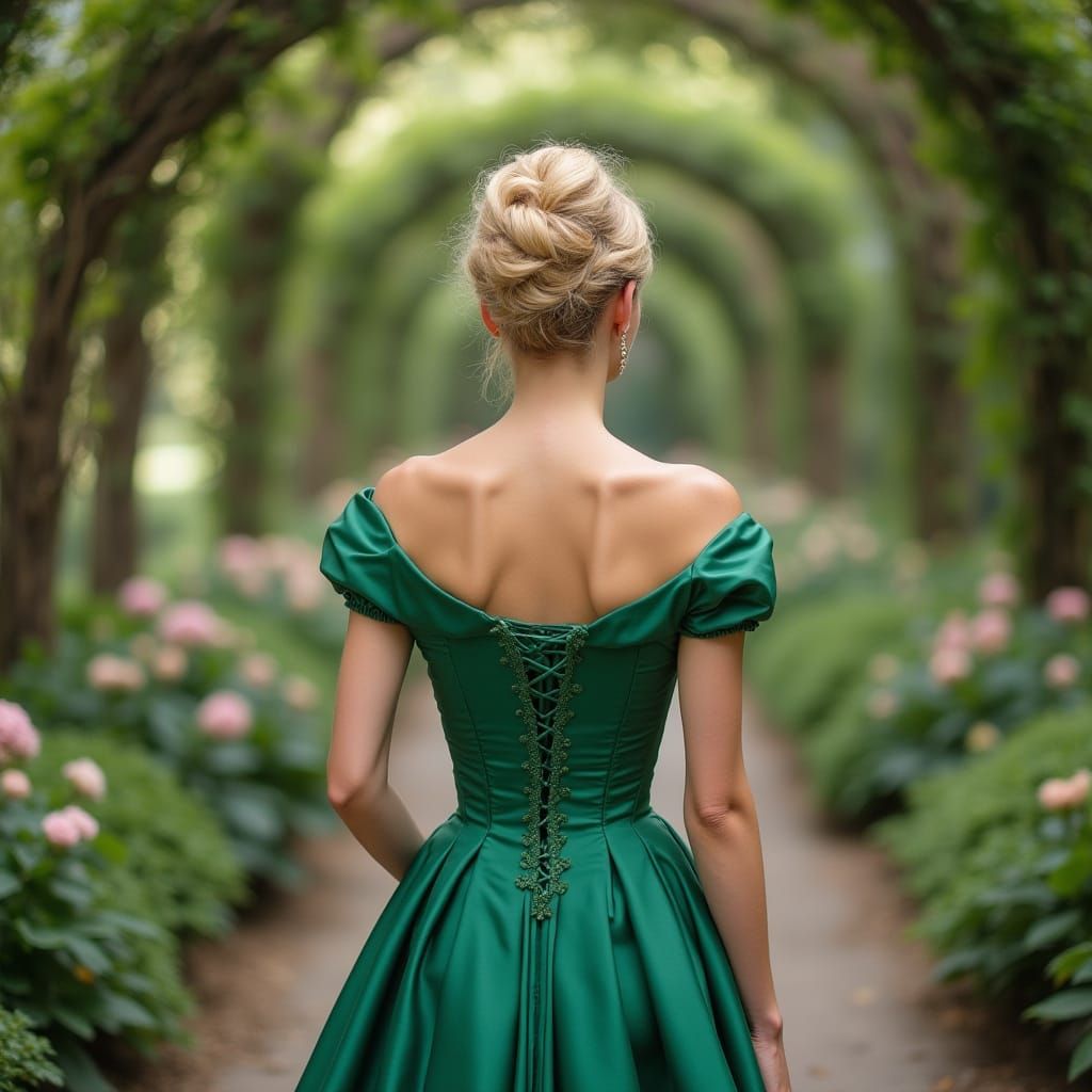 Elegant Woman in Garden, Hyperrealistic Style