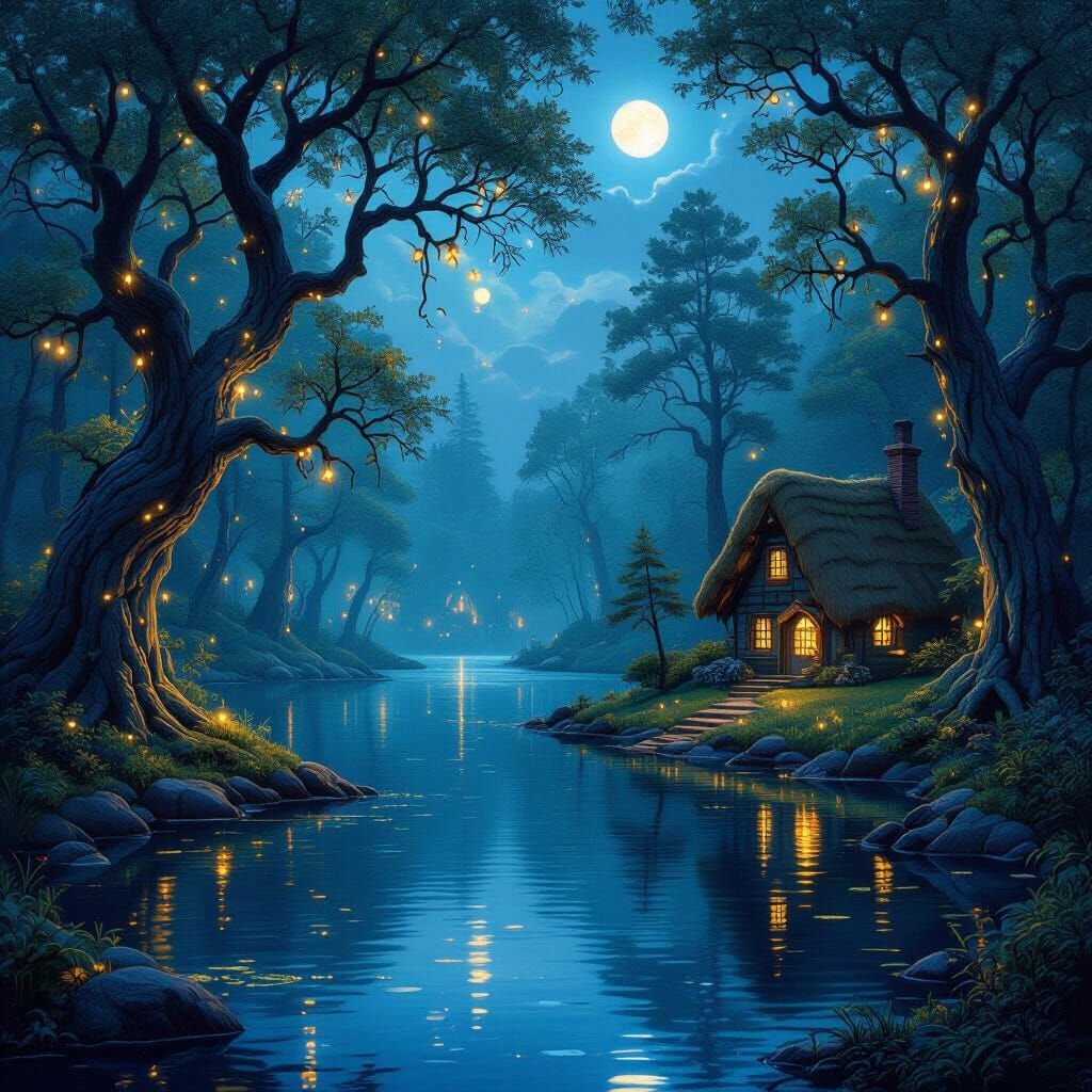 Enchanted Forest Lake Cottage at Night, Fantasy Art