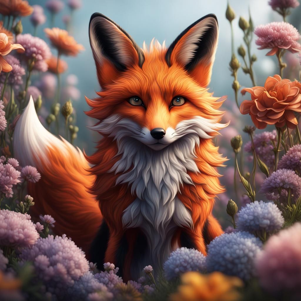 Elegant Fox Line Art Surrounded by Flowers