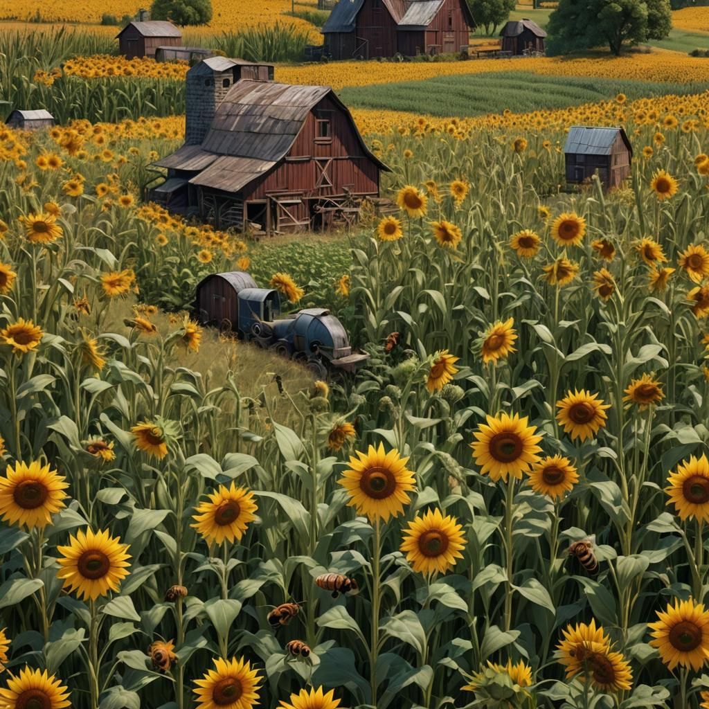 Picturesque Farm Scene with Wheat and Sunflowers