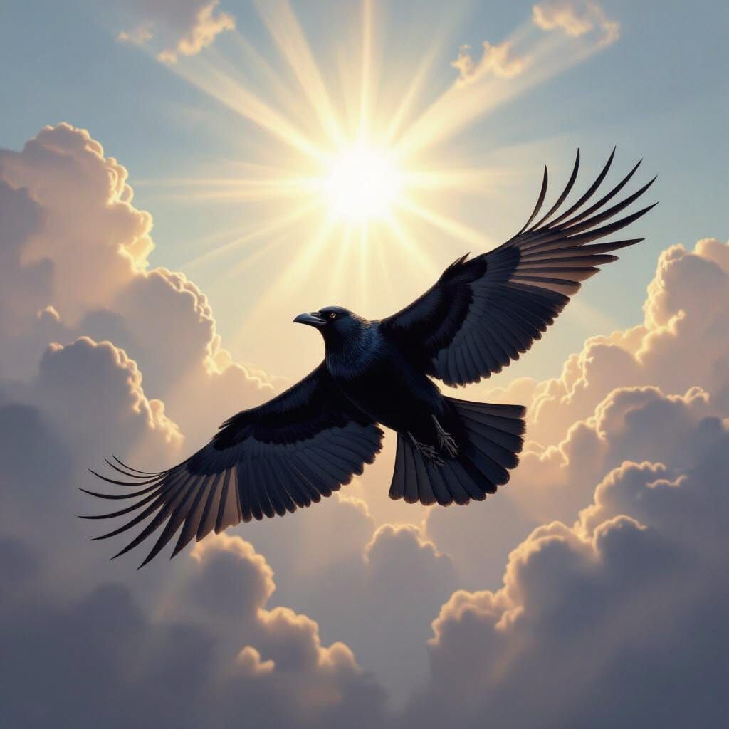 Airbrushed Ravens Soaring Through Heavenly Clouds