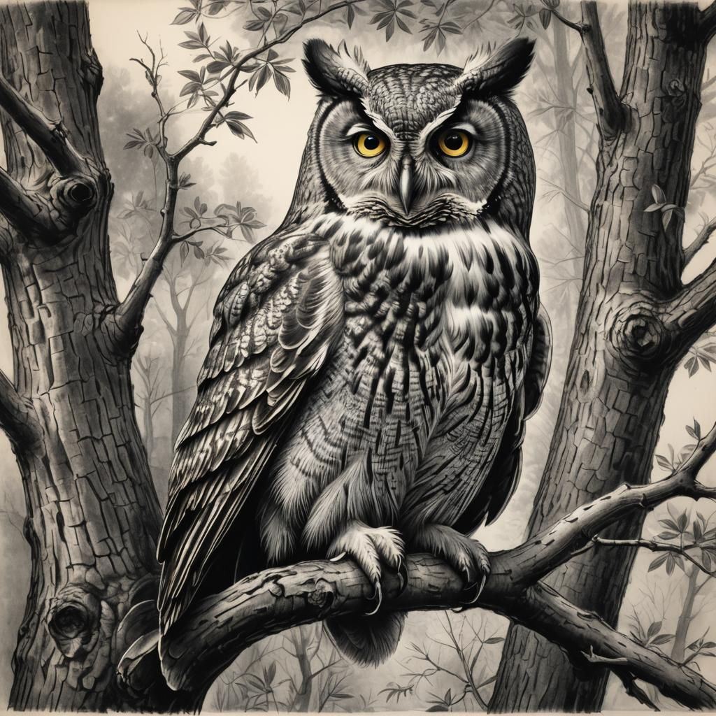 Gray Owl Reading Book: Hyperdetailed Charcoal Drawing
