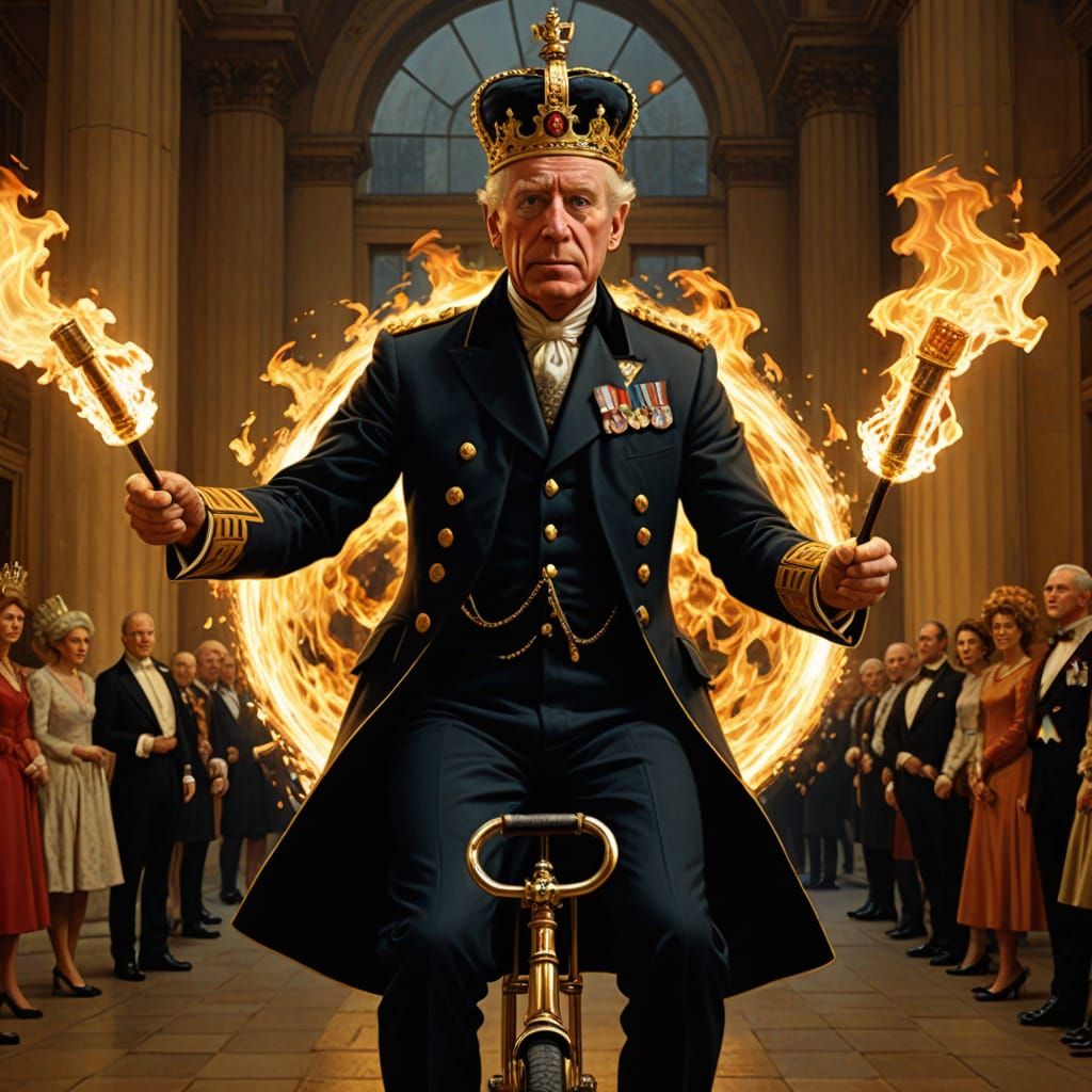 King Charles III Juggles Fire on Unicycle in Palace