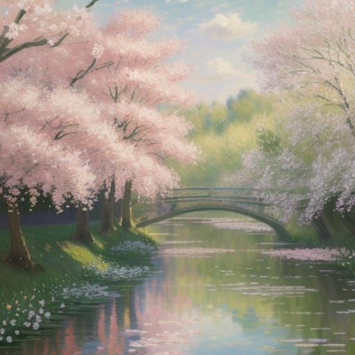 Impressionist River Landscape with Blossoming Trees