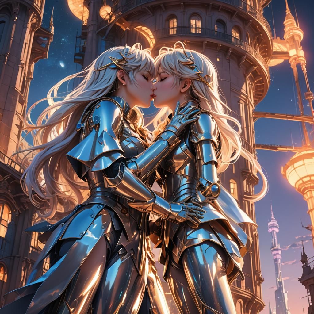 Anime Girls Kissing on Tower in 3D Style