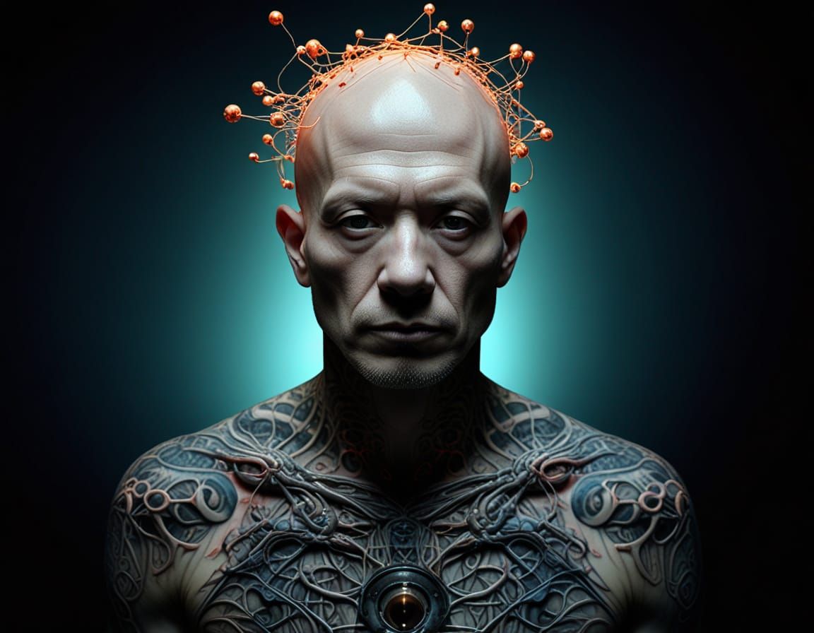 Surreal Nightmarish Tattoos on Saint in a Neon Halo