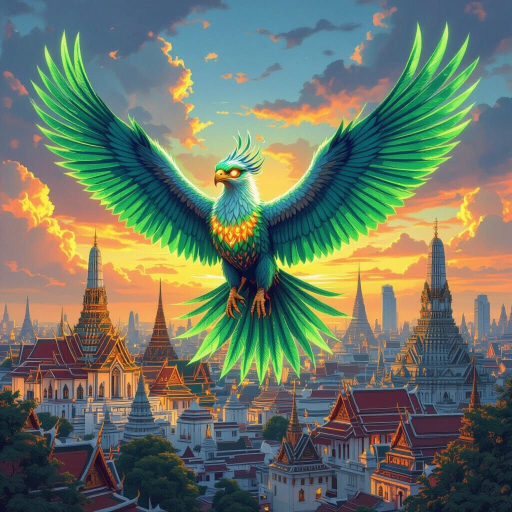 Neon Griffin Soaring Over Thai Cityscape