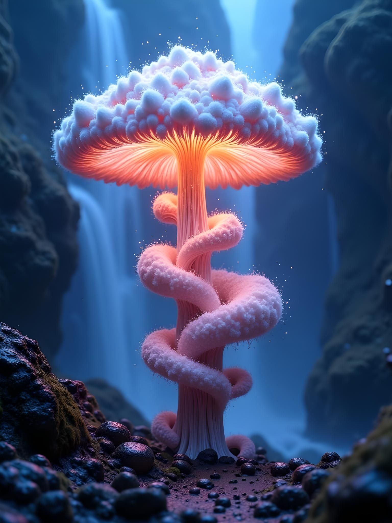 Fluorescent Cloud Mushroom in Ethereal Landscape