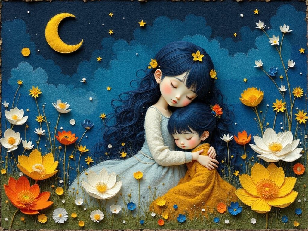 Felted Mother and Child Embrace Under Starry Sky